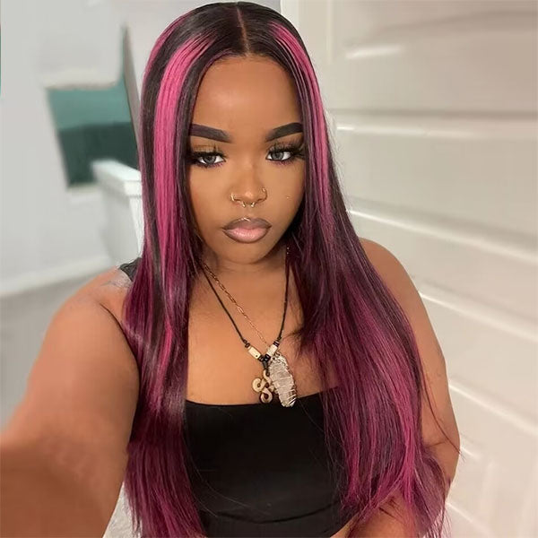 Skunk Stripe Highlight Pink 13X4 / 4X4 Lace Front Straight Wig For Women
