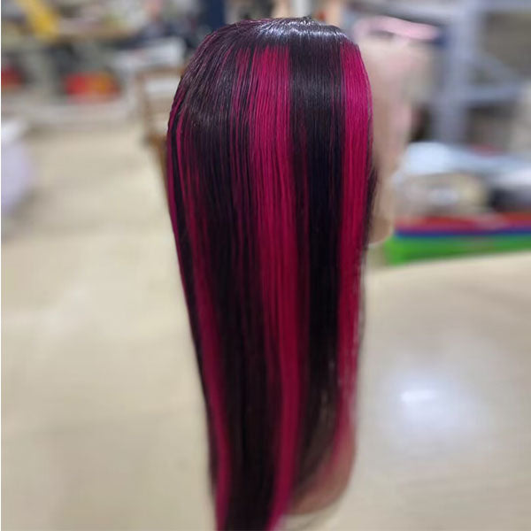 Skunk Stripe Highlight Pink 13X4 / 4X4 Lace Front Straight Wig For Women