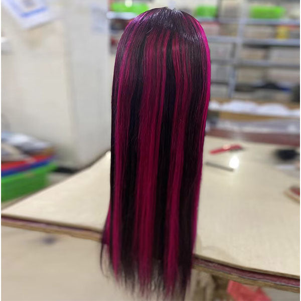 Skunk Stripe Highlight Pink 13X4 / 4X4 Lace Front Straight Wig For Women