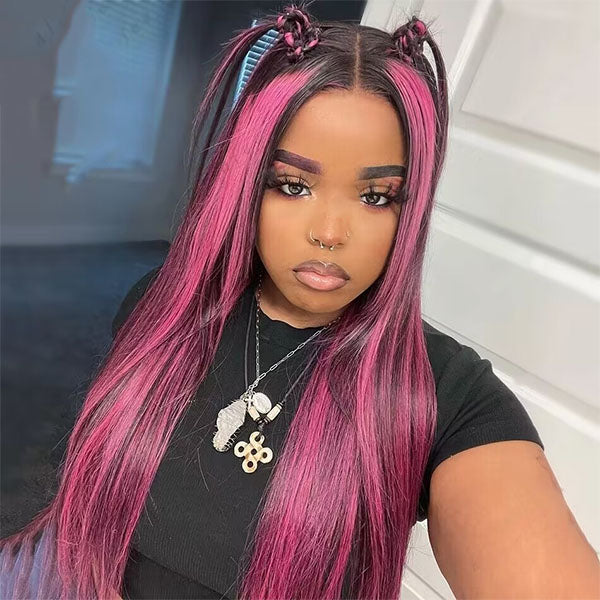 Skunk Stripe Highlight Pink 13X4 / 4X4 Lace Front Straight Wig For Women