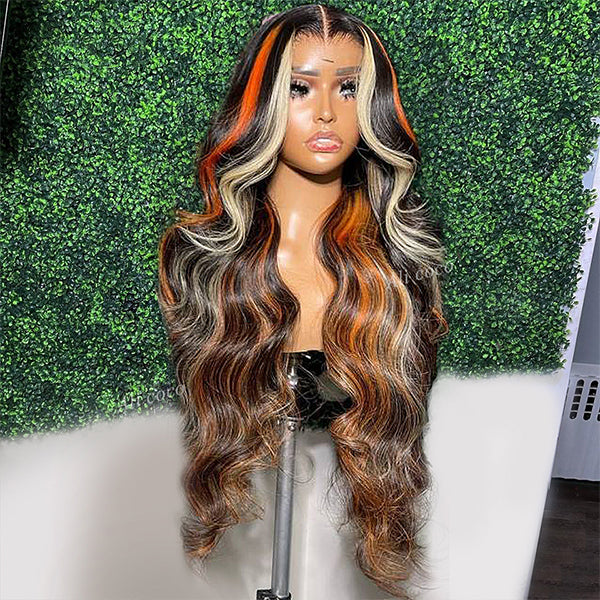 Skunk Stripe Highlights Orange Blonde Straight/Body Wave Lace Frontal Human Hair Wigs For Women