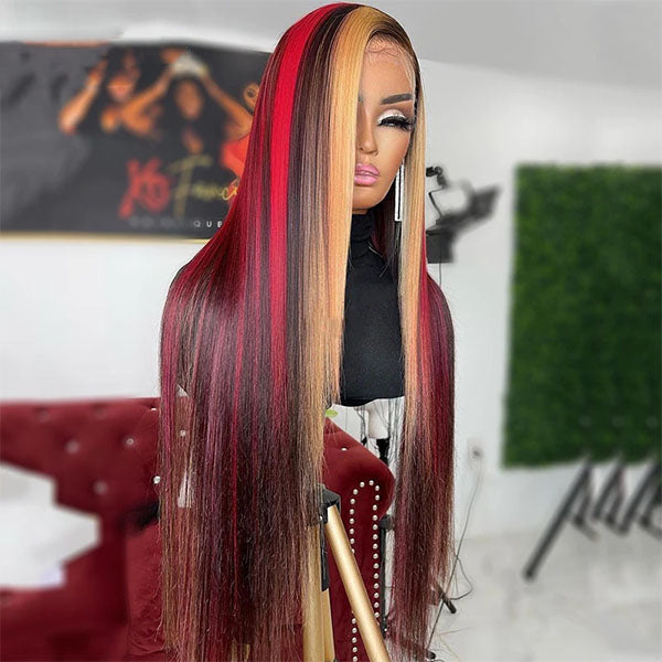 WG-91 Skunk Stripe Highlight Red Blonde Colored Straight Transparent Lace Front Wig Body Wave Lace Front Wig Human Hair
