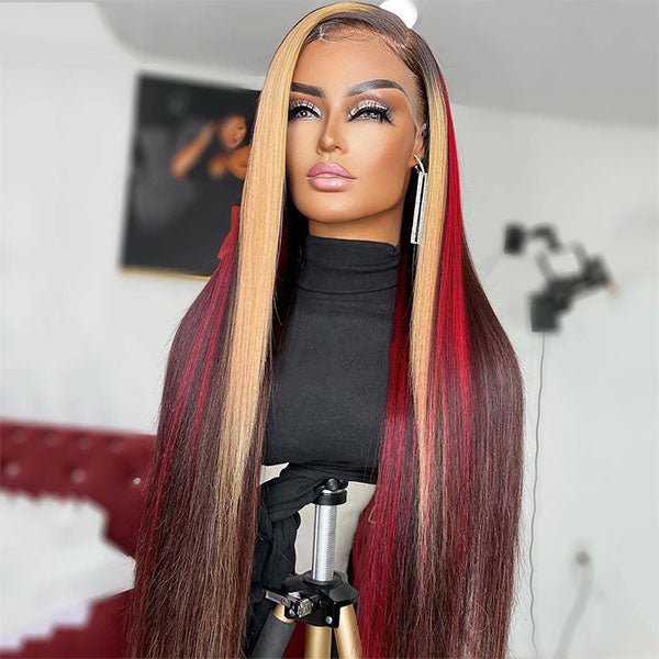 WG-91 Skunk Stripe Highlight Red Blonde Colored Straight Transparent Lace Front Wig Body Wave Lace Front Wig Human Hair