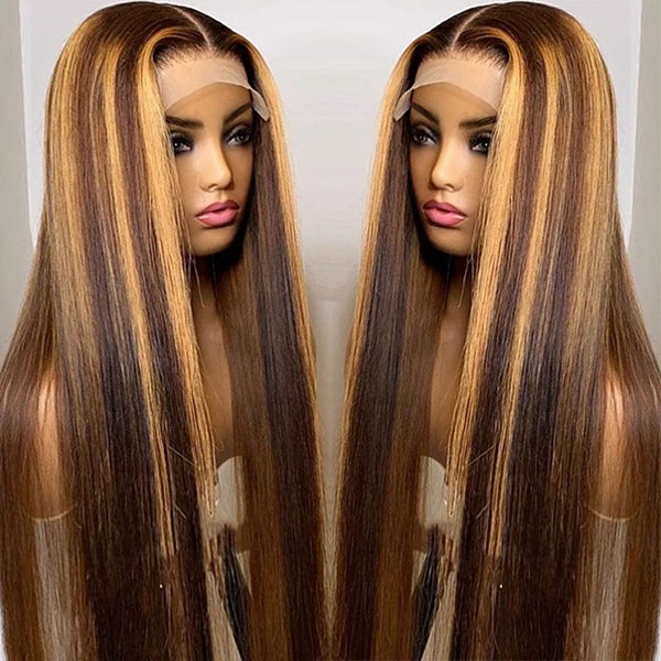 Mettez en surbrillance Ombre Brown Straight HD Lace Front Perruques de cheveux humains pour les femmes