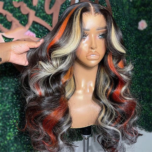 Skunk Stripe Highlights Orange Blonde Straight/Body Wave Lace Frontal Human Hair Wigs For Women