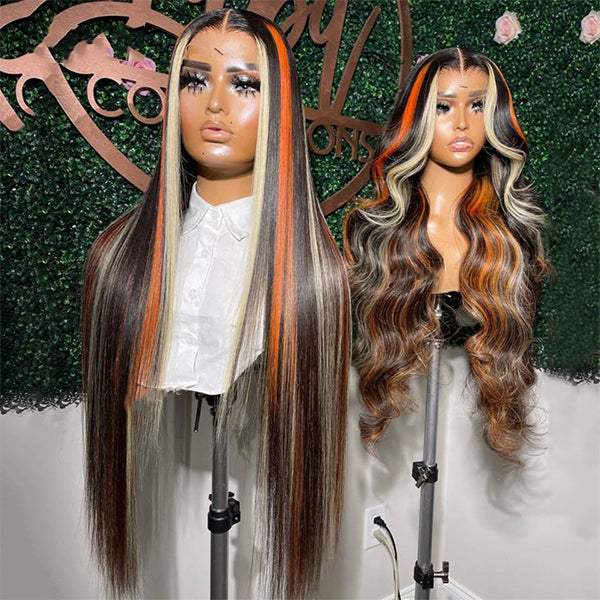 Skunk Stripe Highlights Orange Blonde Straight/Body Wave Lace Frontal Human Hair Wigs For Women
