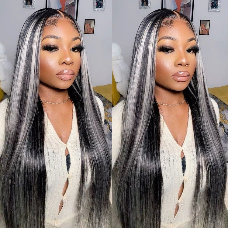 Salt And Pepper Black & Grey Highlight Straight 13x4/4x4 HD Lace Frontal Wig