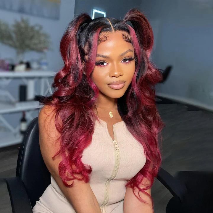 Skunk Stripe Natural Black Roots Burgundy Loose Wave Virgin Hair Lace Frontal Wig human hair