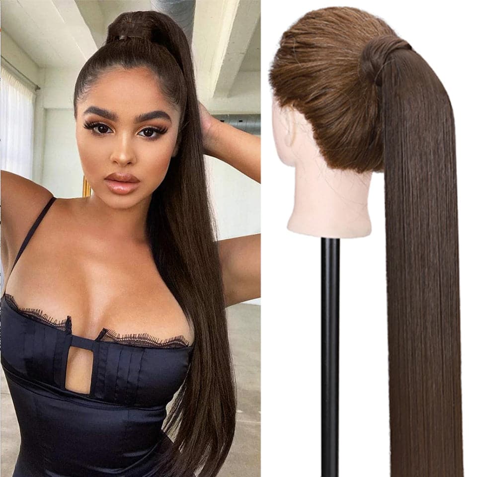 #4 Brown Straight Wrap Around Ponytail Human Hair Extensions Color Hairpiece