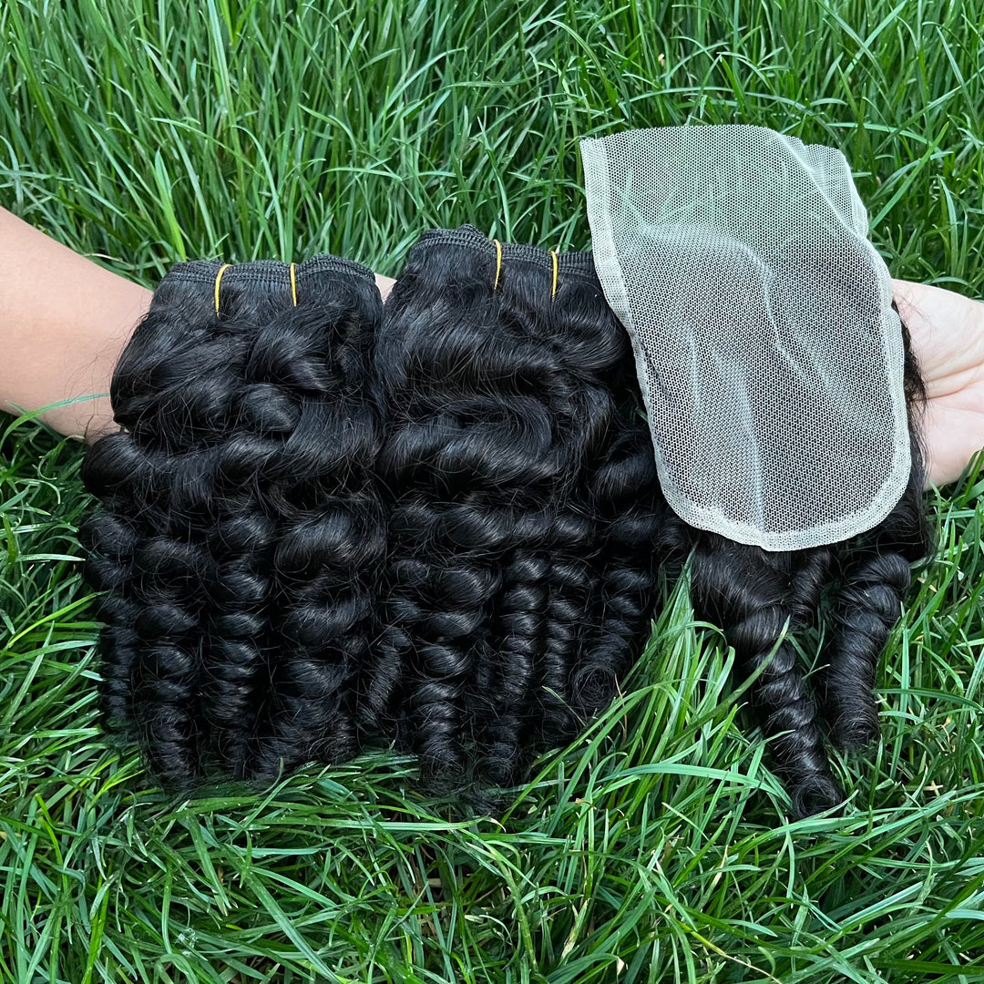 Brazilian Finger Roll 3 PCS Human Hair Bundles with 4x4 Lace Closure 3+1 Hair Bundles with HD Transparent Lace Closure
