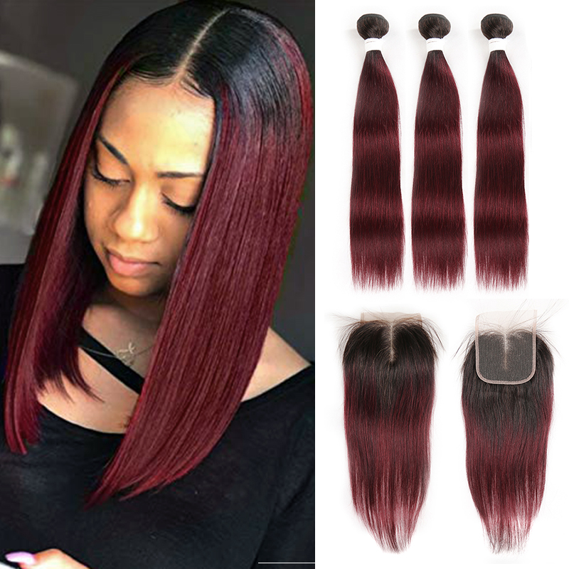 Ombre 1B 99J Straight Hair 3 Bundles With Closure 4x4 pre Colored