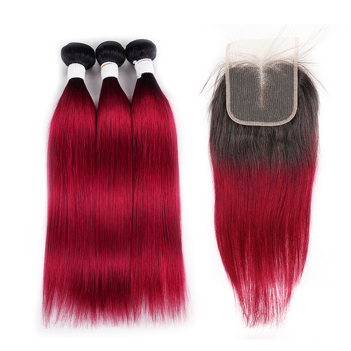Lumiere Ombre 1B/BURG Straight Hair 3 Bundles With Closure 4x4 pre Colored 100% virgin human hair - Lumiere hair