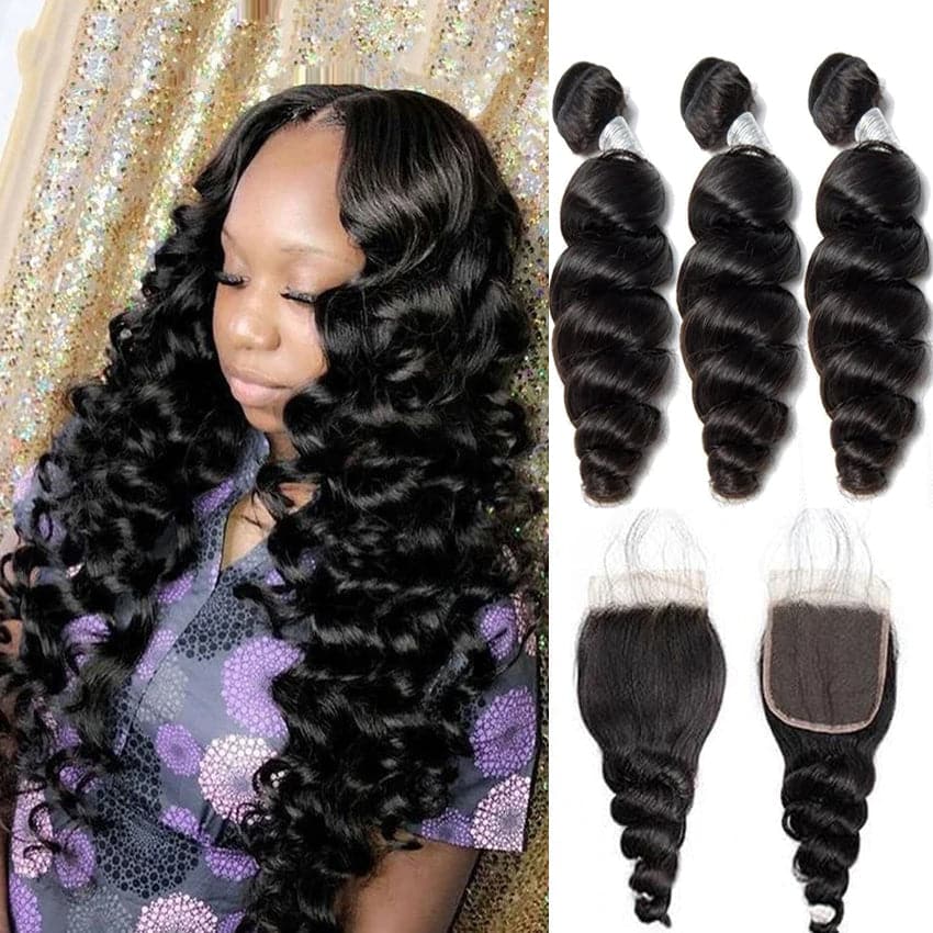 Loose wave Wave Peruvian Remy Hair 3 Bundles With 4x4 Closure Natural Black