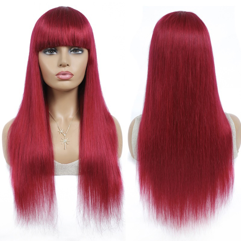BURG Straight Hair Full Machine Made None Lace Front Wigs With Bangs