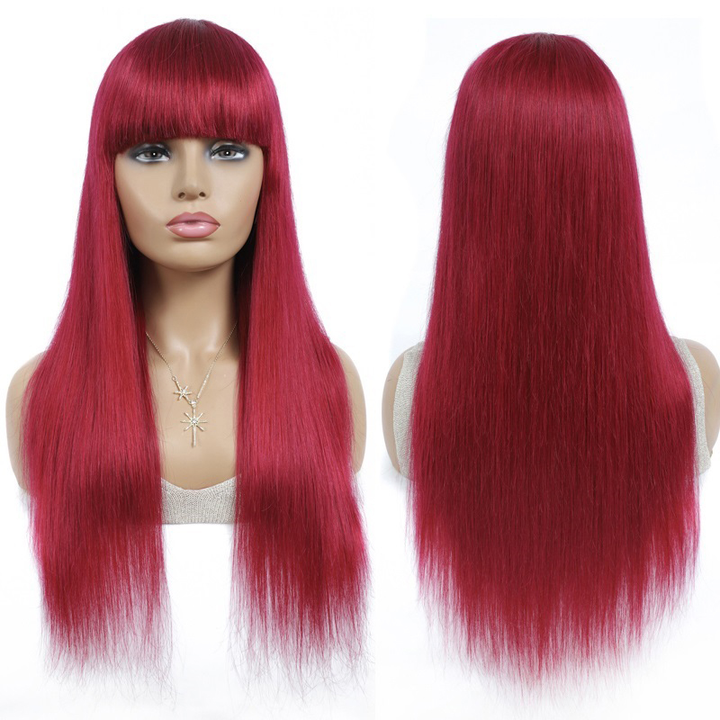 BURG Straight Hair Full Machine Made None Lace Front Wigs With Bangs