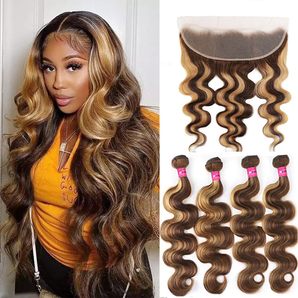 Highlight P4/27 Body Wave 4 Bundles With 13x4 Transparent Lace Frontal Pre Colored Ear To Ear