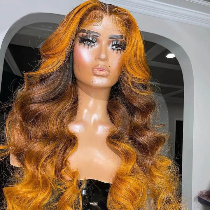 T6/Yellow Skunk Stripe Highlight Body Wave Lace Frontal Human Hair Wigs for black women