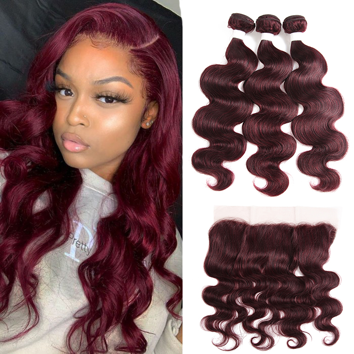 Red Bundles 99J Body Wave 3 Bundles With 13x4 Lace Frontal Pre Colored Ear To Ear