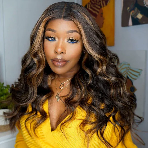 Perruque Lace Front Transparente Lace Front Synthétique Brune Noire Ombre Highlight Body Wave