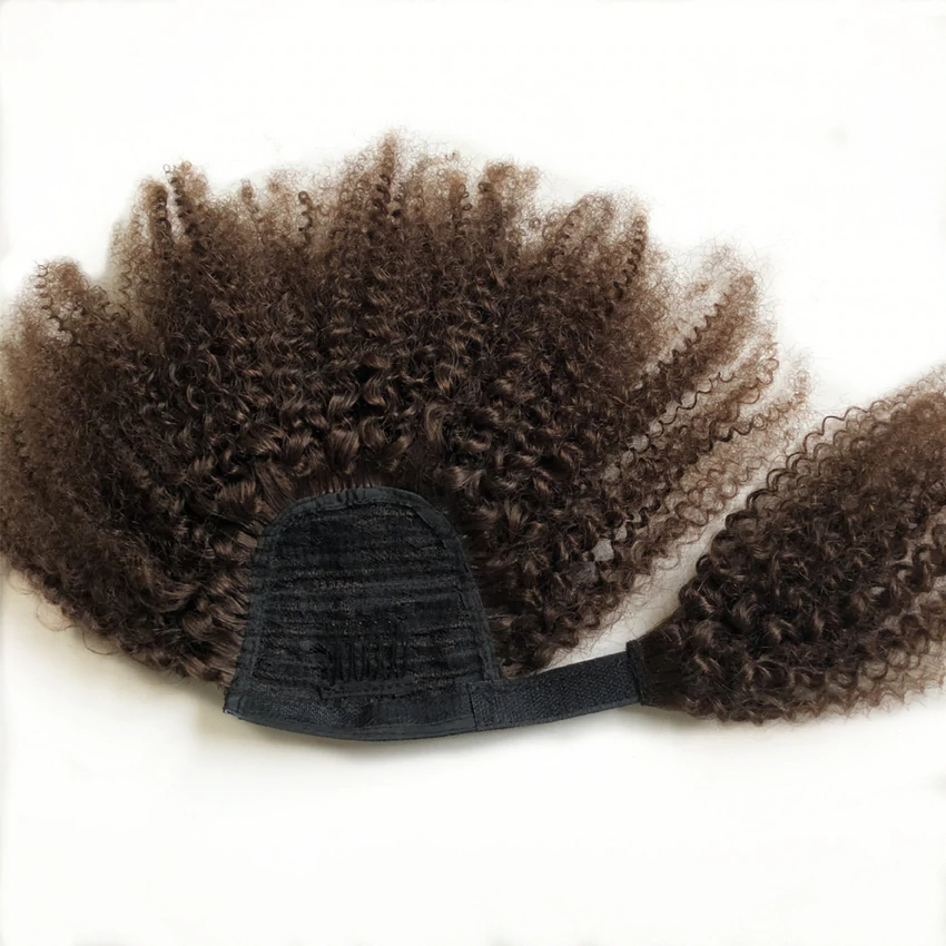 #4 Brown Afro Curly Wrap Around Ponytail Human Hair Extensions Hairpiece