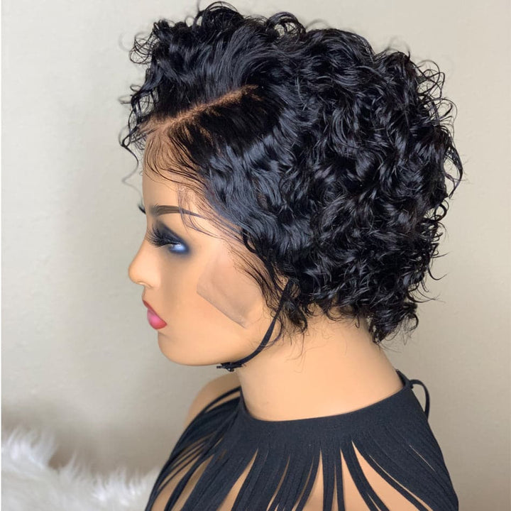 Natural Black 13x1 T Lace Side Part Kinky Curly Short Pixie Cut Bob Wigs For Women