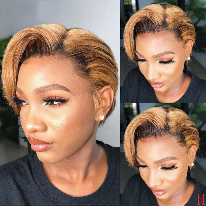 1B/27 13x1 T Lace Side Part Straight Short Pixie Cut Bob Perruques Pour Femmes