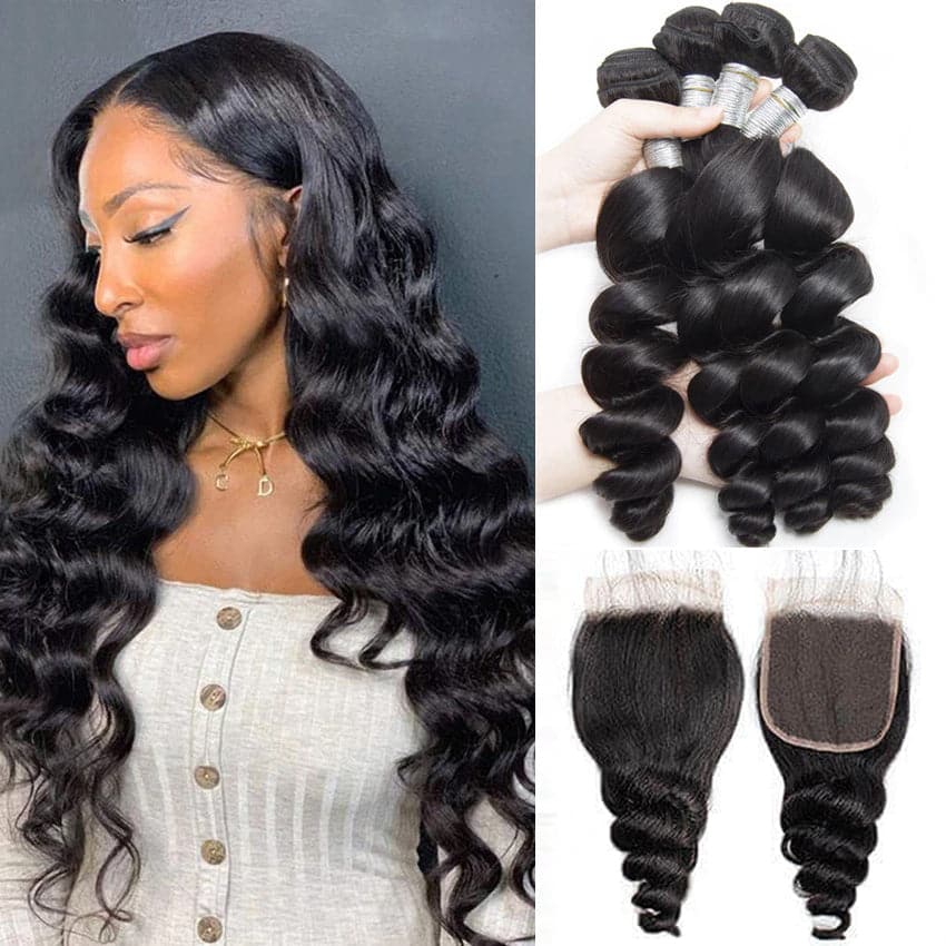 Loose Wave Brazilian Human Hair Weave 4 Bundles With 4x4 closure Remy Hair Extension