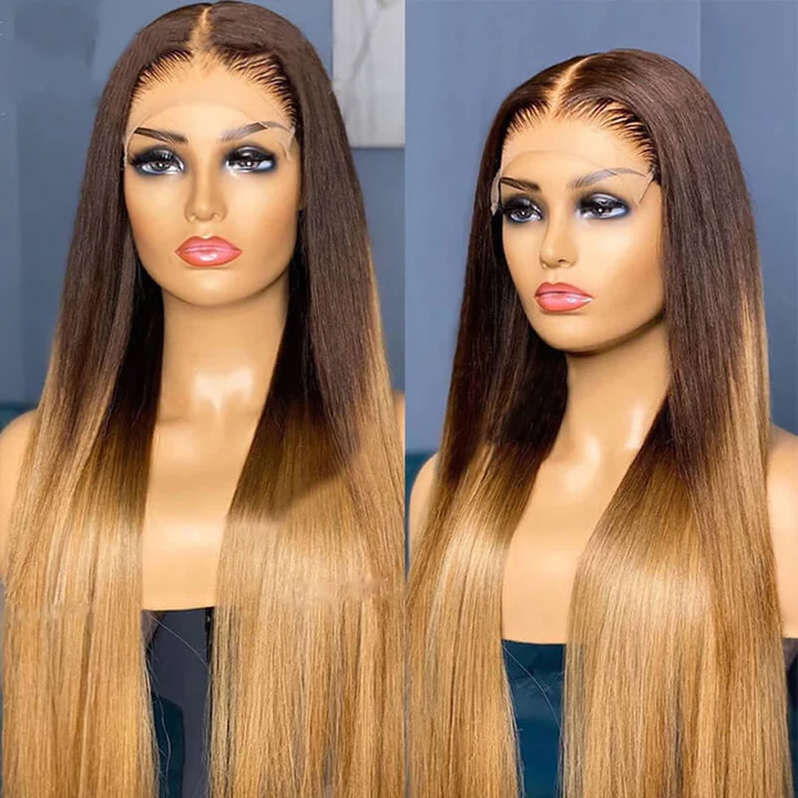 Skunk Stripe Straight 4X4 13X4 Lace Frontal Wig for Black Women T4/27 Ombre Color Hair