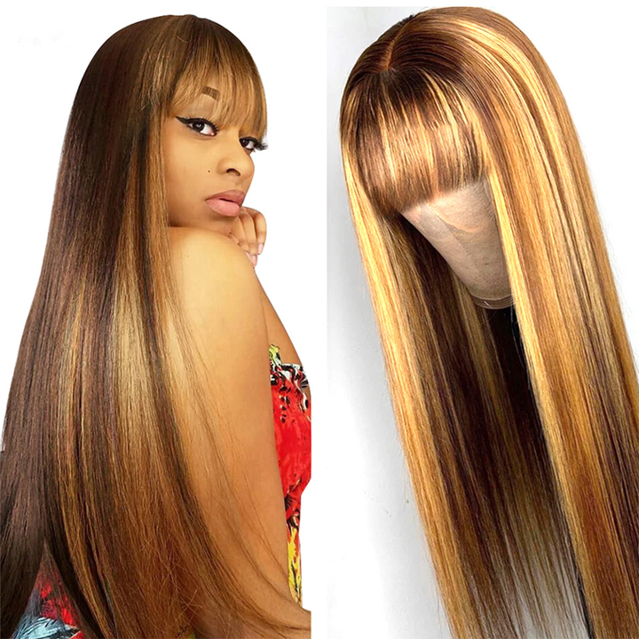 P4/27 Straight No Lace Full Machine Human Hair Wig With Bangs