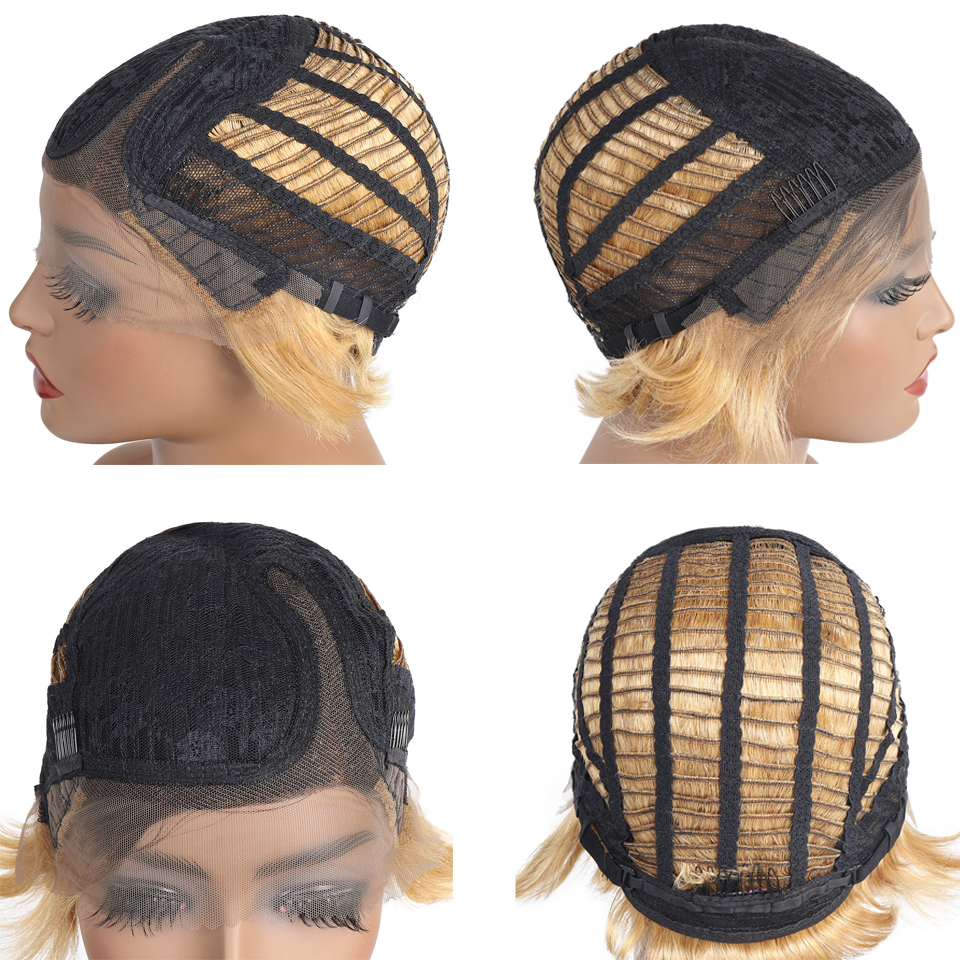1B/27 13x1 T Lace Side Part Straight Short Pixie Cut Bob Perruques Pour Femmes