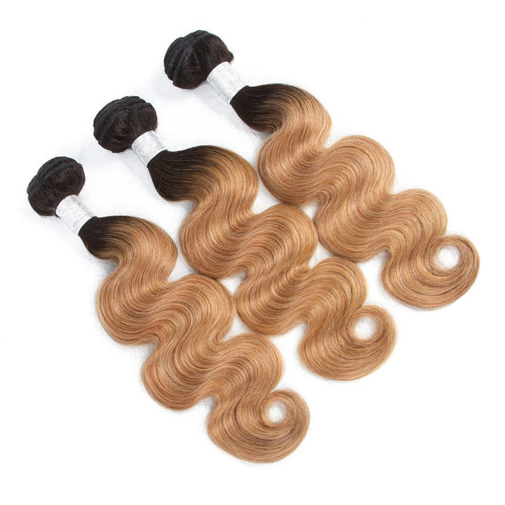 lumiere 1B/27 Ombre Body Wave 3 Bundles With 13x4 Lace Frontal Pre Colored Ear To Ear