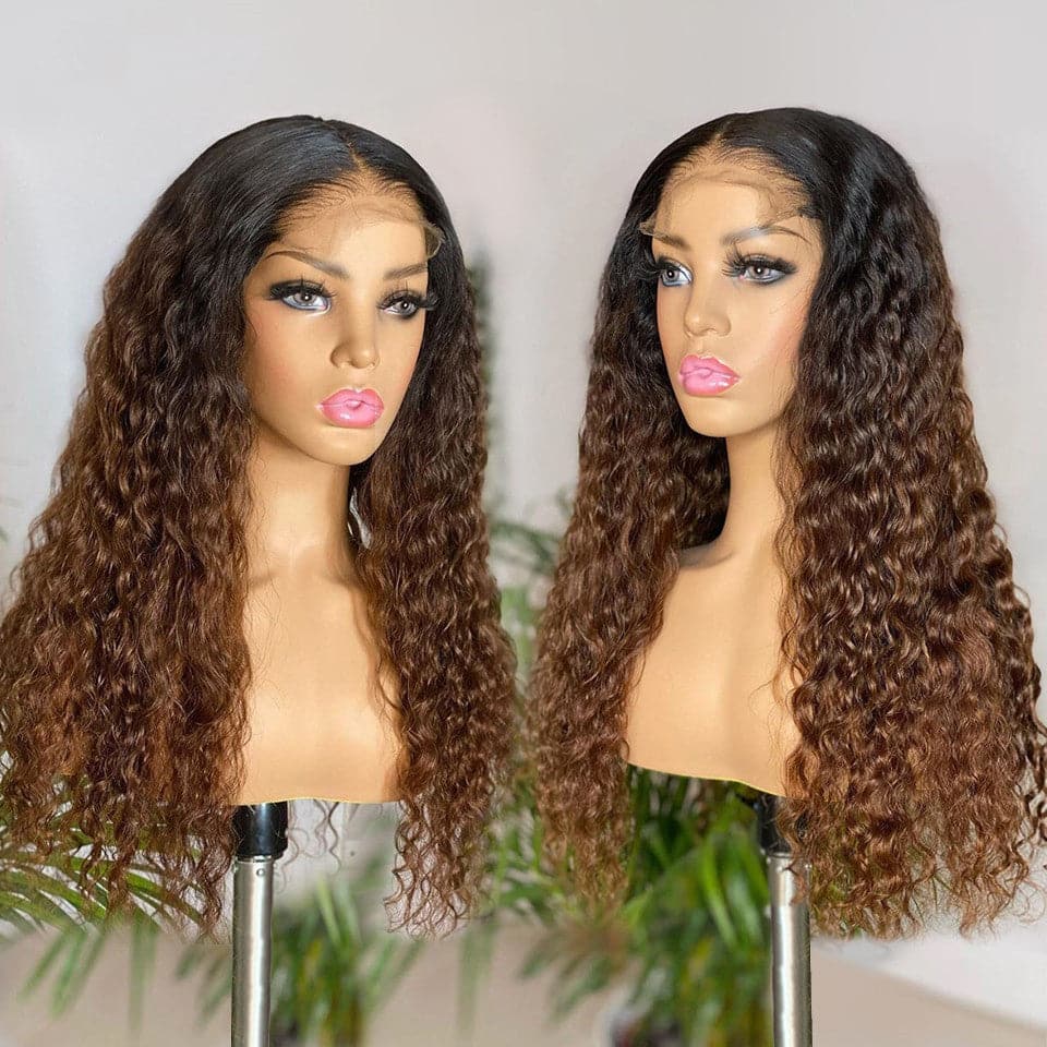 Lumiere 1B/4 Ombre Brown Kinky Curly 4x4/5x5/13x4 Lace Closure/Frontal 150%/180% Density Wigs For Women Pre Plucked