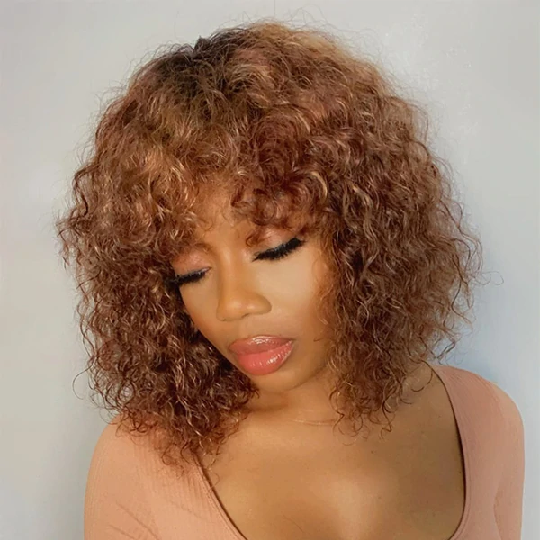 Caramel 1B/30 Kinky Curly Short Bob Wig With Bangs None Lace Machine Human Hair Wigs