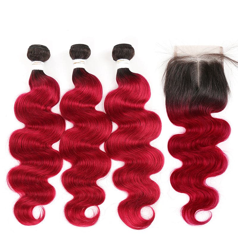 Lumiere Ombre 1B/BURG Body Wave 3 Bundles With Closure 4x4 pre Colored 100% virgin human hair - Lumiere hair