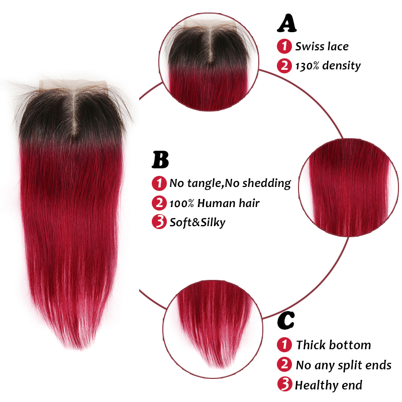 Lumiere Ombre 1B/BURG Straight Hair 3 Bundles With Closure 4x4 pre Colored 100% virgin human hair - Lumiere hair