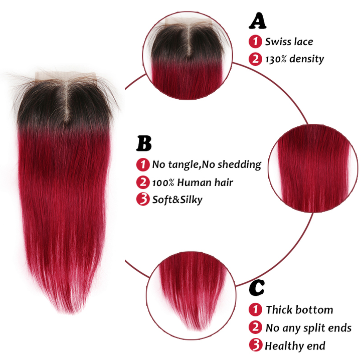 Lumiere Ombre 1B/BURG Straight Hair 3 Bundles With Closure 4x4 pre Colored 100% virgin human hair - Lumiere hair