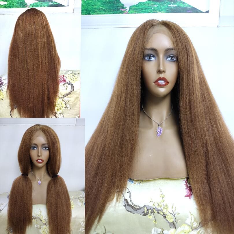 Lumiere Hair #4 Brown Kinky Straight Lace Frontal / Closure Human Hair Wigs For Women