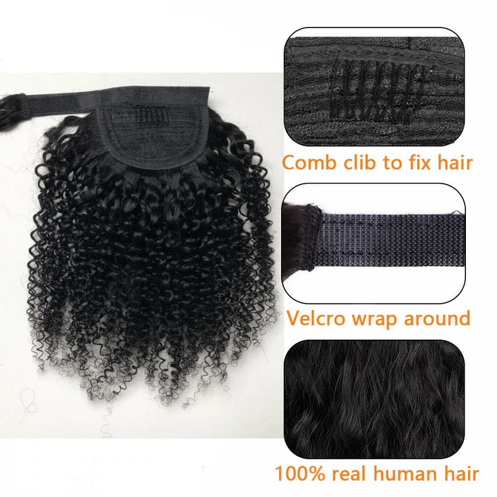 Ship In 24Hours-Lumiere Kinky Curly Wrap Around Ponytail Human Hair Extensions Natural Color Hairpiece