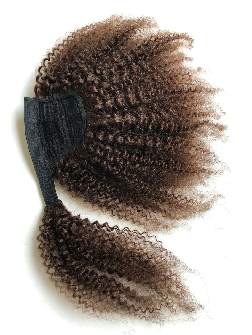 #4 Brown Afro Curly Wrap Around Ponytail Human Hair Extensions Hairpiece