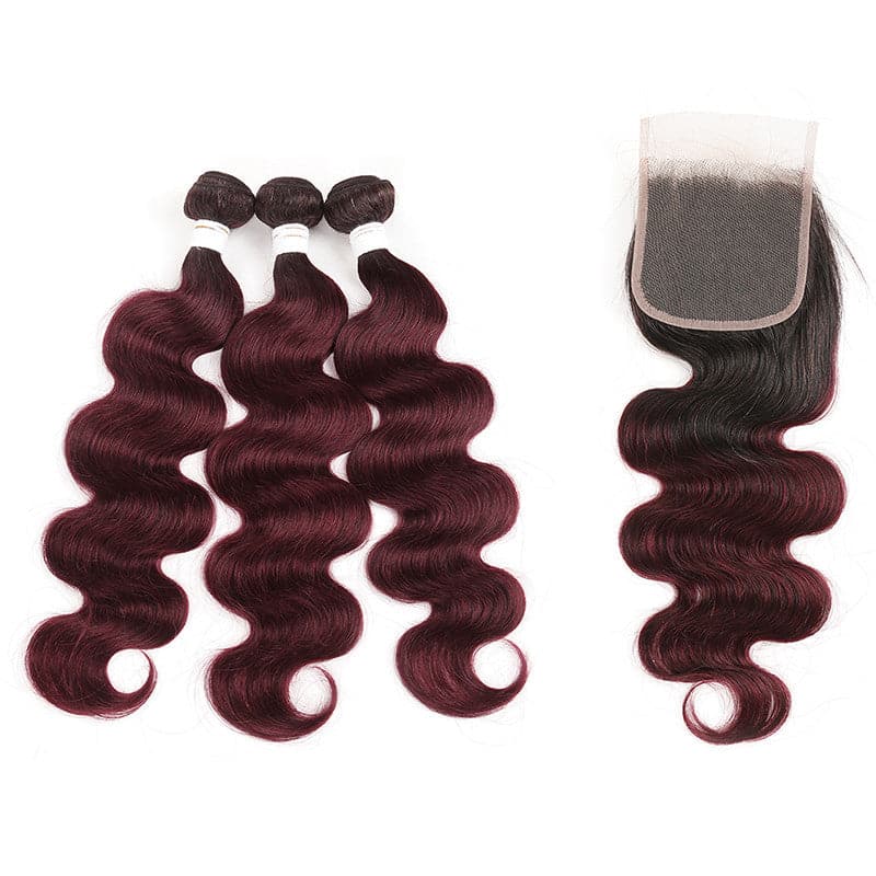 Ombre 1B/99J Body Wave 3 Bundles With Closure 4x4 pre Colored 100% virgin human hair - Lumiere hair