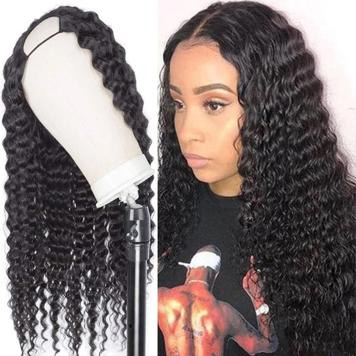 U Part Wig Human Hair Wig Deep Wave Human Hair Wigs Natural Black