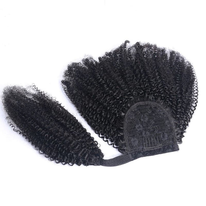 Afro Curly Wrap Around Ponytail Human Hair Extensions Natural Color Hairpiece