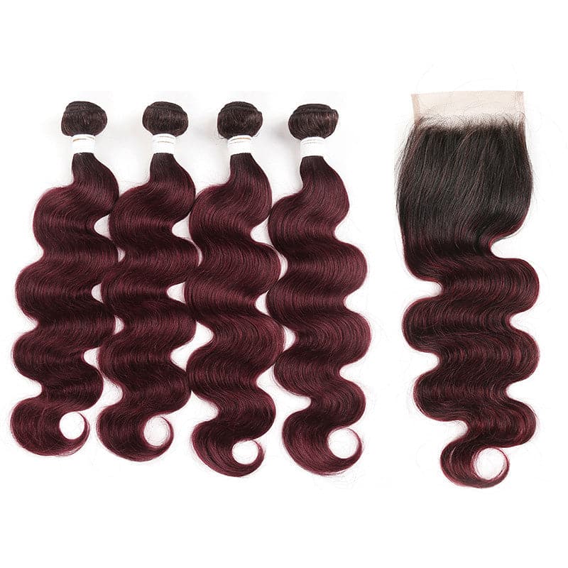 lumiere 1B/99J Ombre Body Wave 4 Bundles With 4x4 Lace Closure Pre Colored human hair - Lumiere hair