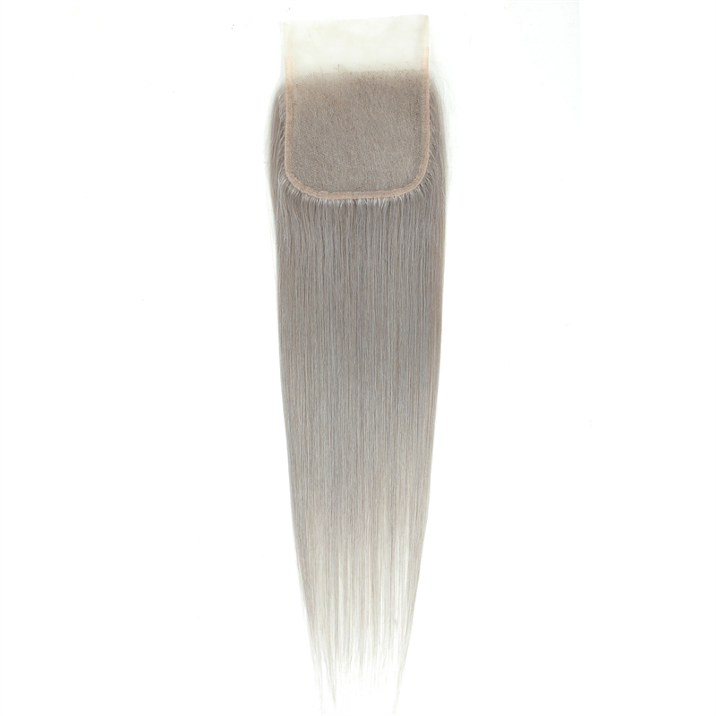 Grey Silver Straight Hair 4 Bundles with 4x4 Closure Preplucked Transparent Lace 100% Human Hair Extensions