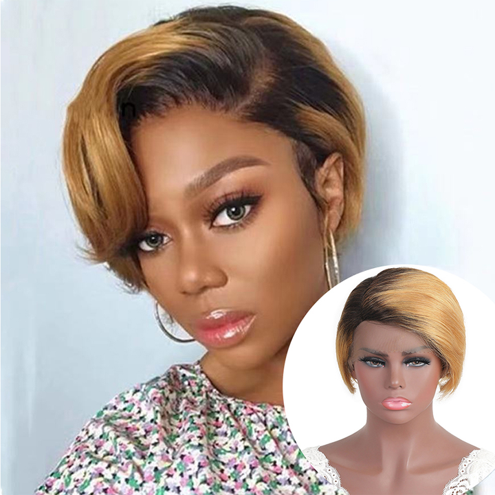 1B/27 13x1 T Lace Side Part Straight Short Pixie Cut Bob Perruques Pour Femmes