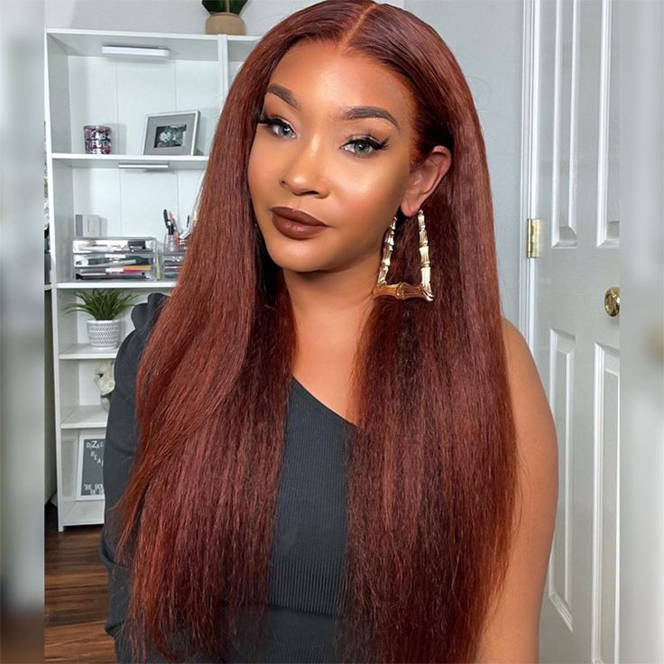 Brun rougeâtre Kinky Straight Glueless Lace Front Perruques douces pour les femmes noires