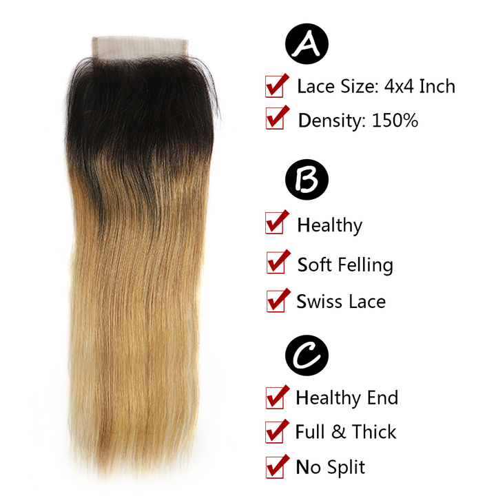 Lumiere hair Ombre 1B/27 Straight Hair 3 Bundles With Closure 4x4 pre-Colored 100% virgin human hair - Lumiere hair