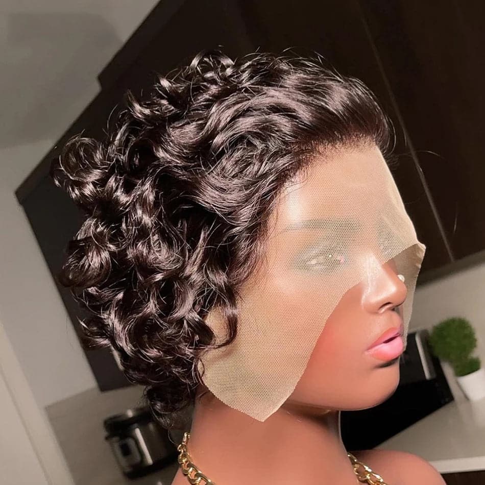 Ship In 24Hours-Lumiere Natural Black 13x1 Lace Loose Curly Short Pixie Cut Bob Wigs For Women
