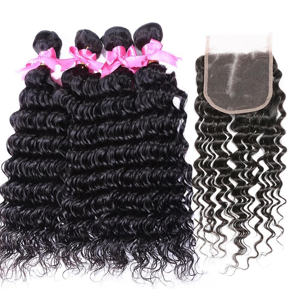 lumiere Malaysian Virgin Hair  Deep Wave 4 Bundles with 4X4 Lace Closure