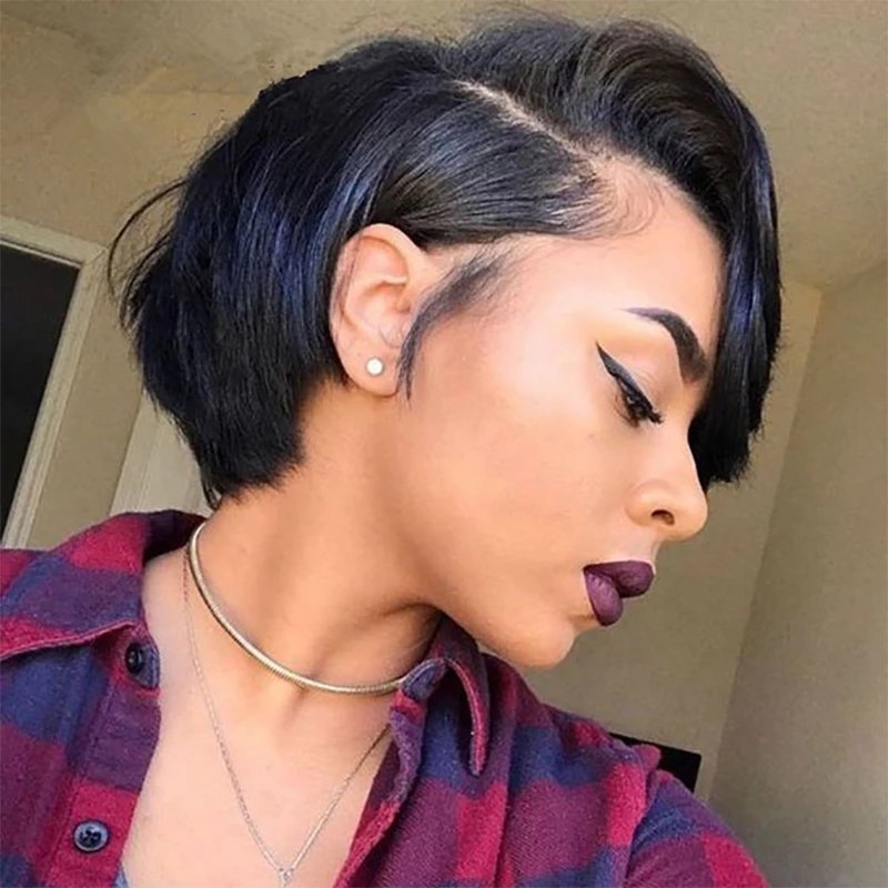 Naturel Noir 13x1 T Lace Side Part Straight Short Pixie Cut Bob Perruques Pour Les Femmes